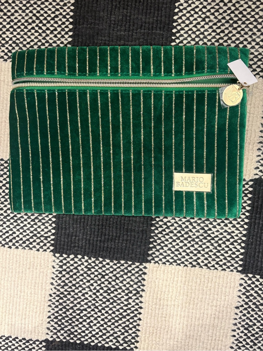 Mario Badescu Emerald Green Velvet Cosmetic Pouch with Gold Pinstripes